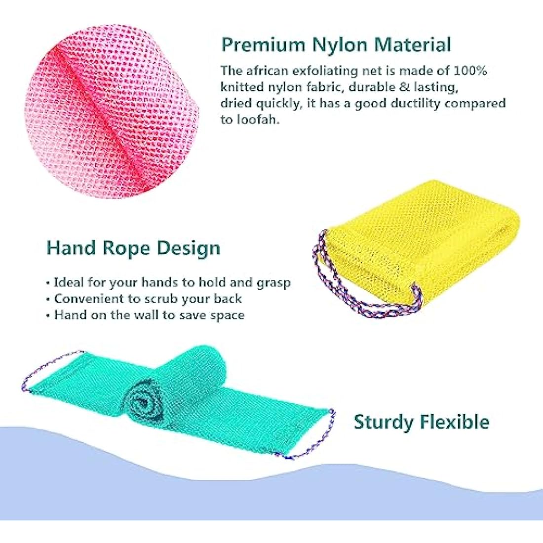 TENQUAN 3 PCS African Exfoliating Net Bath Sponge Exfoliating Body Scrubber Shower Scrubber Skin Smoother for Men Women Clean Clear Exfoliating Daily Wash (Pink Green Yellow)