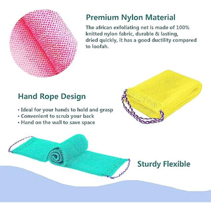 TENQUAN 3 PCS African Exfoliating Net Bath Sponge Exfoliating Body Scrubber Shower Scrubber Skin Smoother for Men Women Clean Clear Exfoliating Daily Wash (Pink Green Yellow)