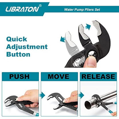 Libraton CR-V Steel Plumbing Pliers Set - Groove Joint & V-Jaw Tongue & Groove Pliers, Pipe Grips, Ratcheting Push Button Adjustment, 3PCS