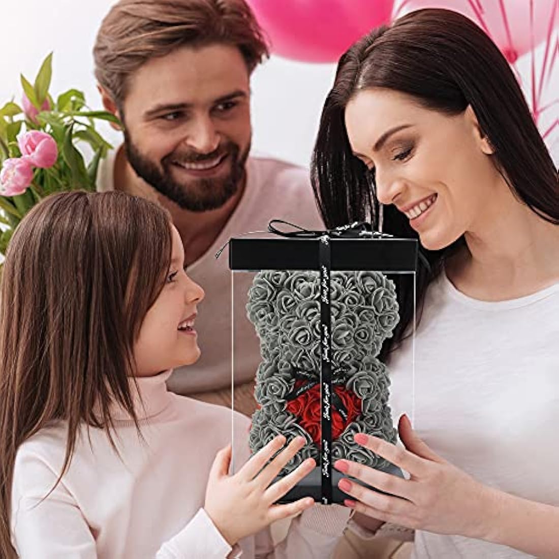 Gifts for Women，Birthday Gifts ，Rose Flower Bear-Hand Made Rose Teddy Bear,Best Artificial Decoration Gifts for mom, Gifts for Girls,Unique Gifts,The Perfect Party Clear Gift Box (Gray)