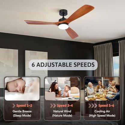 VONLUCE Ceiling Fans with Lights, 52 Inch Outdoor Ceiling Fan with Remote, 6 Speed Reversible Noiseless DC Motor, Wood Ceiling Fan for Indoor Bedroom Farmhouse Patios, Walnut