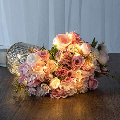 KELINGO Artificial LED Pink Rose Flowers with Glass Vase, Flower Arrangement for Table Centerpiece, Home Office Wedding Decoration