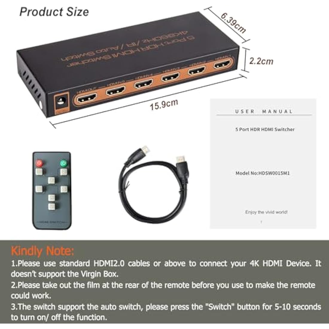 Sense Hometek HDMI Switch 4k, 5-in-1 HDMI Splitter with IR Remote, 4K 60hz, HDCP 2.2, UHD, HDR for Compatible Devices