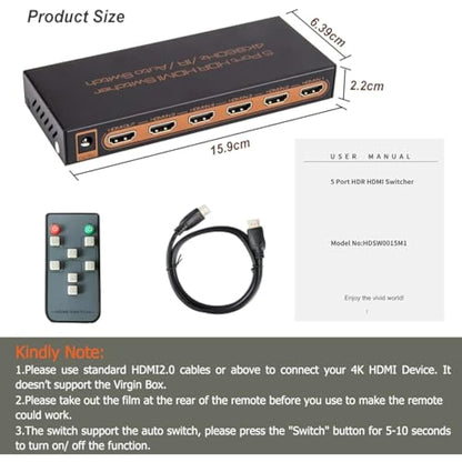 Sense Hometek HDMI Switch 4k, 5-in-1 HDMI Splitter with IR Remote, 4K 60hz, HDCP 2.2, UHD, HDR for Compatible Devices