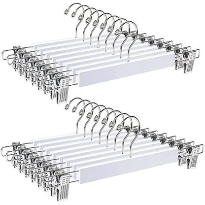 Amber Home 36cm White Wooden Pants Hangers 20pcs, Smooth Wood Skirt Hanger Organizer with Adjustable Anti-Slip Chrome Clips, Space Saving Solid Clothes Hangers Rack for Bottoms Jeans Slacks Trousers
