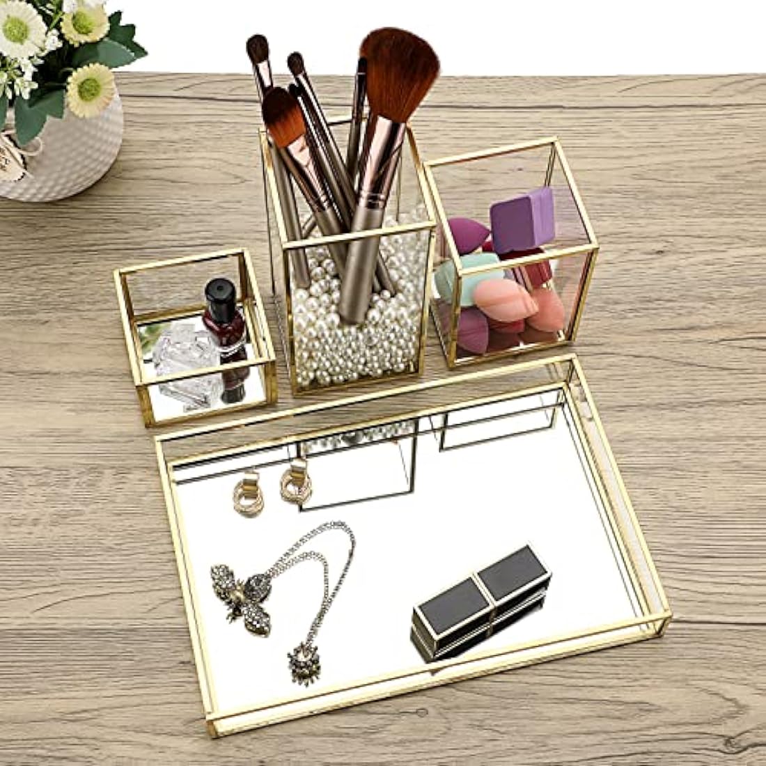 Tolida Gold Glass Combined Cosmetic Box with Stackable Makup Brush Holer and Jewelry Tray, Cosmetic Brush Eyeliner Display, Pen Pencil Holder with Mirrored Vanity Tray for Dresser Bathroom Bedroom