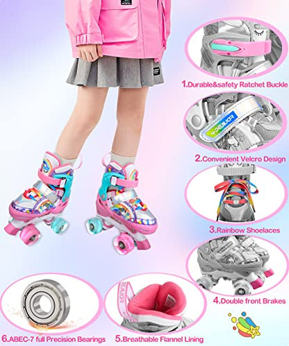 Unicorn Rainbow Kids Roller Skates for Girls Boys Toddler Ages 3-12, Adjustable Beginner Profession Kids Quad Skates, Children's Rollerskates for