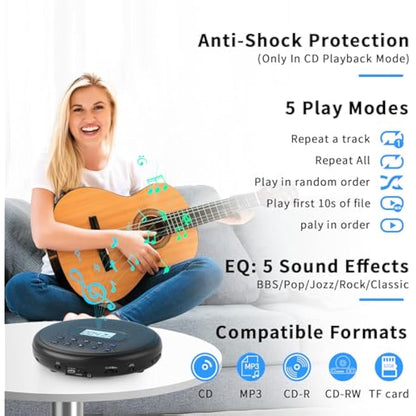 ARAFUNA Portable CD Player with Dual Stereo Speakers, Rechargeable CD Player for Car with Anti-Skip Protection, Compact Player with Headphones and AUX Cable