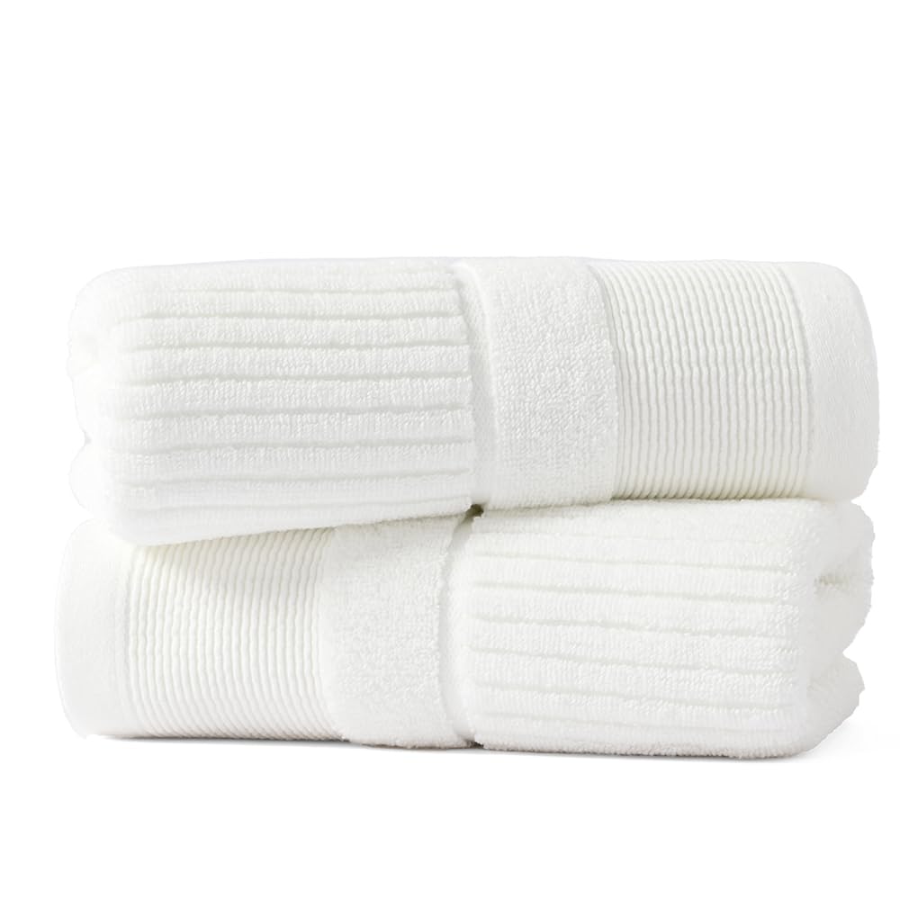 sense gnosis 100% Cotton White Hand Towel Set of 2 Thick Ribbed Striped Soft Quick Dry and Absorbent Bathroom Decorative Hand Towel 13 x 29 Inch