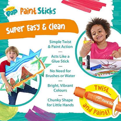 Paint Pop Paint Sticks For Kids - 24 Pack Assorted Colours - Twist & Paint, Mess-Free, Fast Drying Action, Easy Clean Up, Vibrant Colours, Multi-Surface