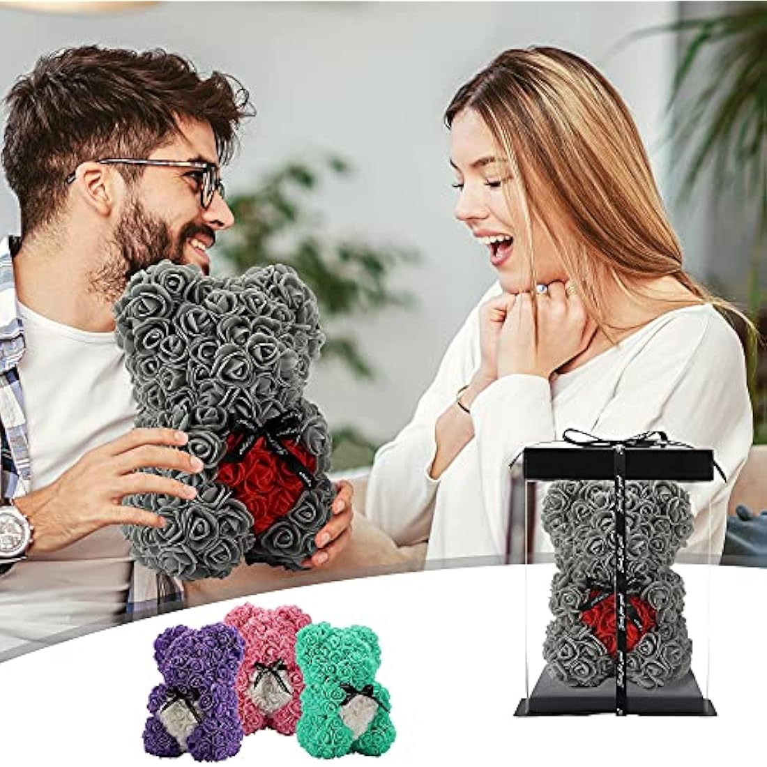 Gifts for Women，Birthday Gifts ，Rose Flower Bear-Hand Made Rose Teddy Bear,Best Artificial Decoration Gifts for mom, Gifts for Girls,Unique Gifts,The Perfect Party Clear Gift Box (Gray)