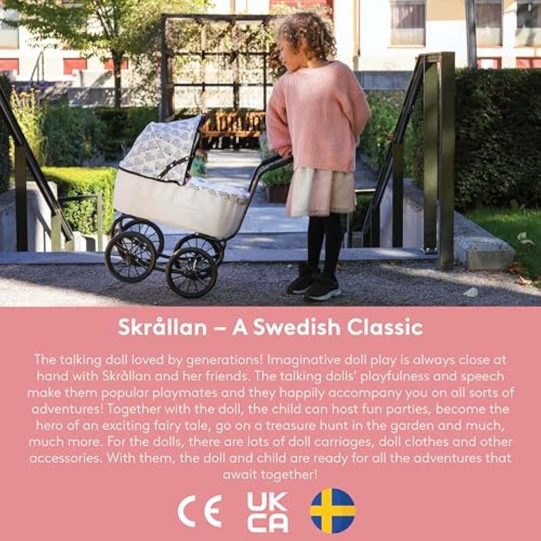 Skrållan Classic Dolls Pram – Sturdy Toddler Toy Stroller, Go for a Safe Walk, Nostalgic Baby Doll Pram, Toy Prams, Baby Doll Accessories, Lovely Swedish Design, Dolls Accessories for 3 Year Old
