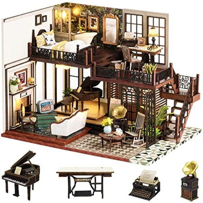 Spilay DIY Miniature Dollhouse Wooden Furniture Kit,Handmade Mini Crafts Modern Villa Model with Dust Cover & Music Box,1:24 Scale Creative Doll House Toys (LV002) (Time Impression)