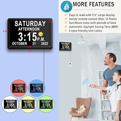 Véfaîî 10" Inch Large Digital Clock with Auto DST and Sun Moon Icons, Custom Reminders and Calendar, Day Date for Seniors Dementia Alzheimers' Clock with Remote Control