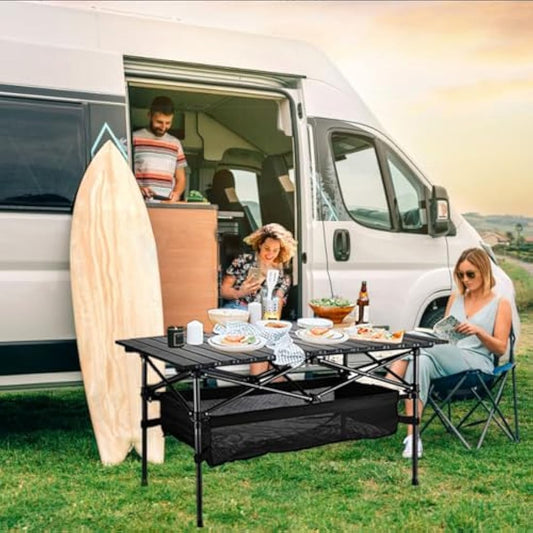 Foldable Camping Table, Alloy Steel Roll-up Picnic Table with Large Storage and Carrying Bag for Outdoor Picnic, Camping, BBQ, Party, Backyard, Beach