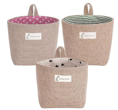 Fahibin Cotton Linen Storage Basket Bag,3pcs Hanging Small Foldable Storage Basket Bag with Handle, Foldable Organizer Decorative Bag for Toys, Keys