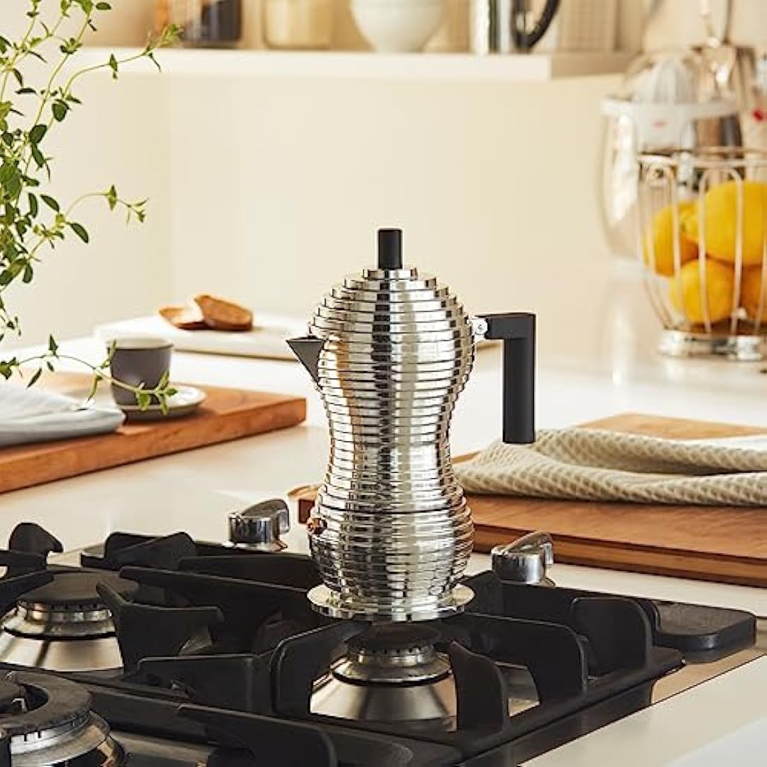 Alessi MDL02/3 B Pulcina Espresso coffee maker in cast aluminium. Handle and knob in PA, black, 3 Cups