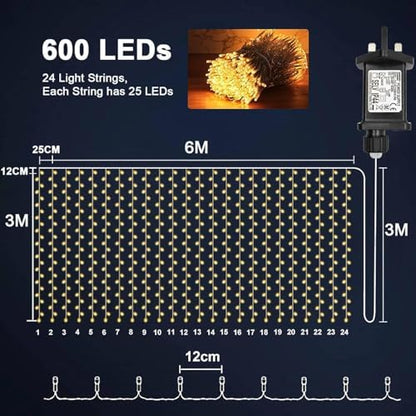 yowin Curtain Lights 600 LED 6m x 3m Gazebo Lights Mains Powered with Timer, 8 Modes Curtain Fairy Light Outdoor Waterproof Wall Hanging Light for Pergola Indoor Bedroom Wedding Garden Decorations