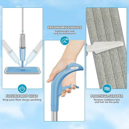 Microfibre Spray Floor Mop with Spray for Cleaning Floors, MEXERRIS Dust Wet Dry Mops with 3x Reusable Microfiber Pads & 1x Refillable Bottle for Hardwood Laminate Tiles Floors