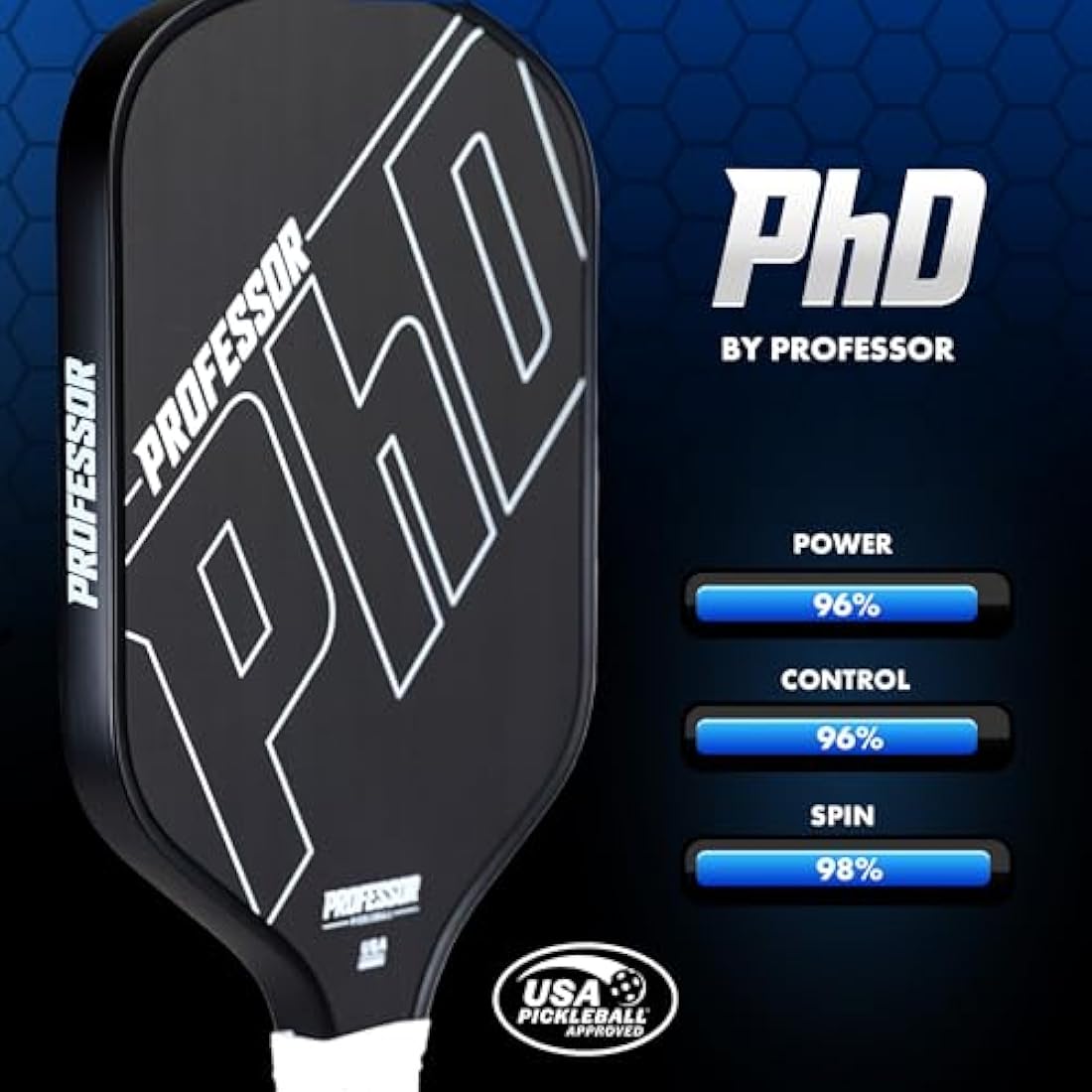 Professor PhD Raw Carbon Fiber Premium Pickleball Paddle Racket - USA Pickleball Approved - Honeycomb Core - Power & Control