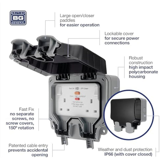 BG Electrical WP22RCD-01 Double Weatherproof Outdoor Switched Power Socket with Latching RCD, IP66 Rated, 13 Amp