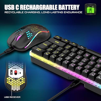 RedThunder K62 Wireless 60% RGB Gaming Keyboard and Mouse Combo, UK Layout 62 Keys Ultra Compact Backlit Mini Keyboard, Lightweight Cellular Optical Mouse, Portable Set for PC PS5 Xbox Gamers (Black)