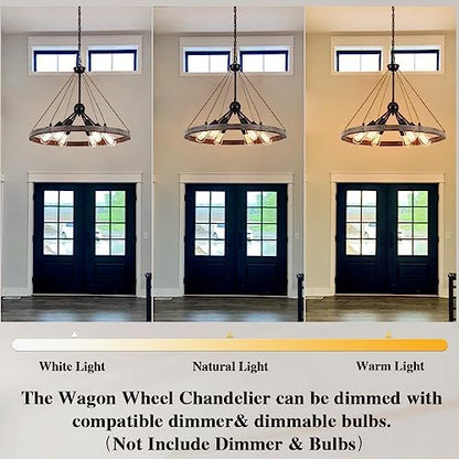 MRHYSWD Wagon Wheel Chandeliers Ceiling Light for Living Room, 6 Lights Rustic Industrial Outdoor Chandelier Black Pendant Light Fitting for Dining Room Kitchen Hallway Bedroom, Height Adjustment