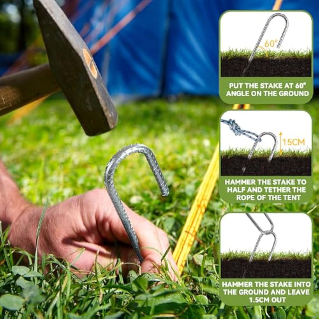 Graxury 20Packs 16inch Heavy Duty Trampoline Tents Anchor Ground Pegs - Galvanized Steel Rust-Proof J Hook Rebar Stakes Fit Trampolines Camp Garden Shed Swings with Chisel Point End