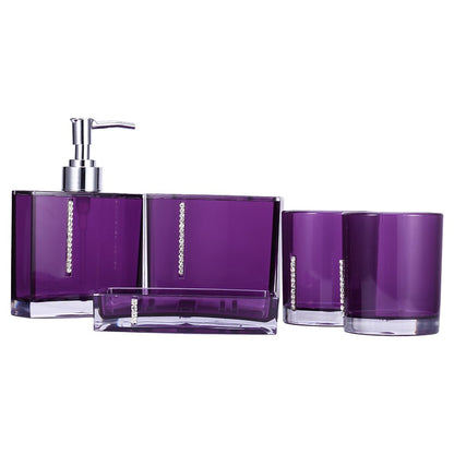 OVAQUIXI 5 Piece Purple Acrylic Bathroom Accessories Set - Toothbrush Holder, Soap Dish, Lotion Bottle & 2 Tumblers
