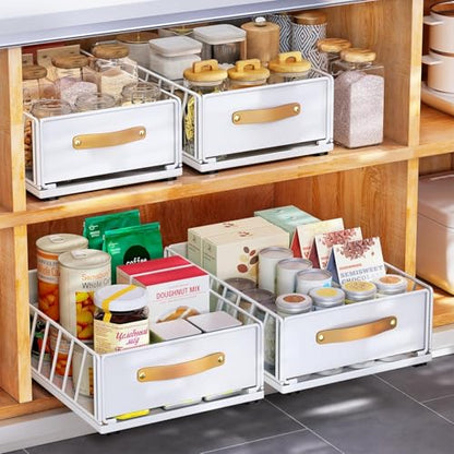 Kitstorack Pull Out Cabinet Organizer Fixed with Adhesive Nano Film, Heavy Duty Pull Out Shelf Kitchen Storage Drawer, Sliding Mesh Cabinet Basket