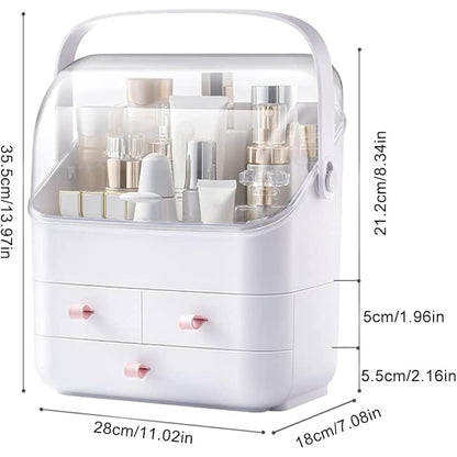 LINFIDITE Cosmetic Storage Box with Lid Makeup Organizer Box with Dust Free Cover Portable Handle,Large Makeup Display Case with Drawers Fully Open Lid,Great for Bathroom Countertop Bedroom Dresser