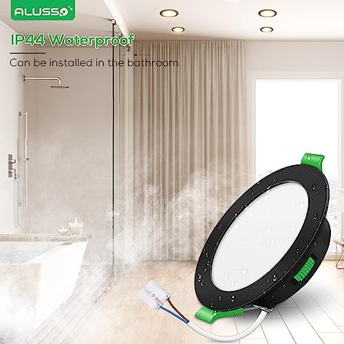 ALUSSO LED Recessed Ceiling Lights, 7W 480LM LED Downlights Dimmable, 30MM Ultra Slim Round Black Spotlights, Warm White/Neutral White/Cool White Adjustable, IP44 Waterproof for Bathroom, 6 Pack
