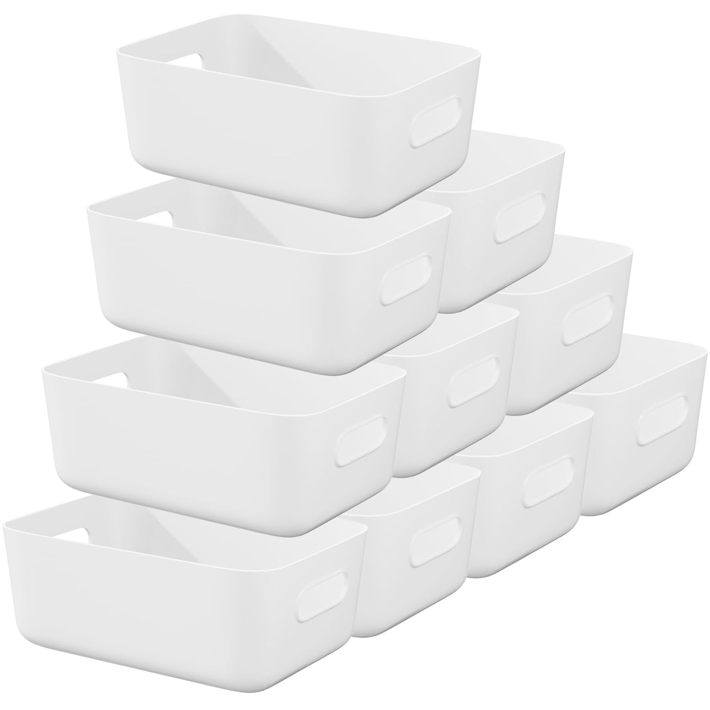 W&H 10 PCS White Plastic Storage Boxes with Handle, Medium Plastic Storage Baskets, Cupboard Organiser Boxes for Bathroom, Kitchen, Office