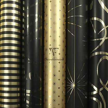 Clairefontaine 212857AMZC - A box of 10 rolls of gift wrap - Premium 80g paper - Dimensions: 2x0.70m - Pattern: Geometric, Black And Gold - Gift wrapping