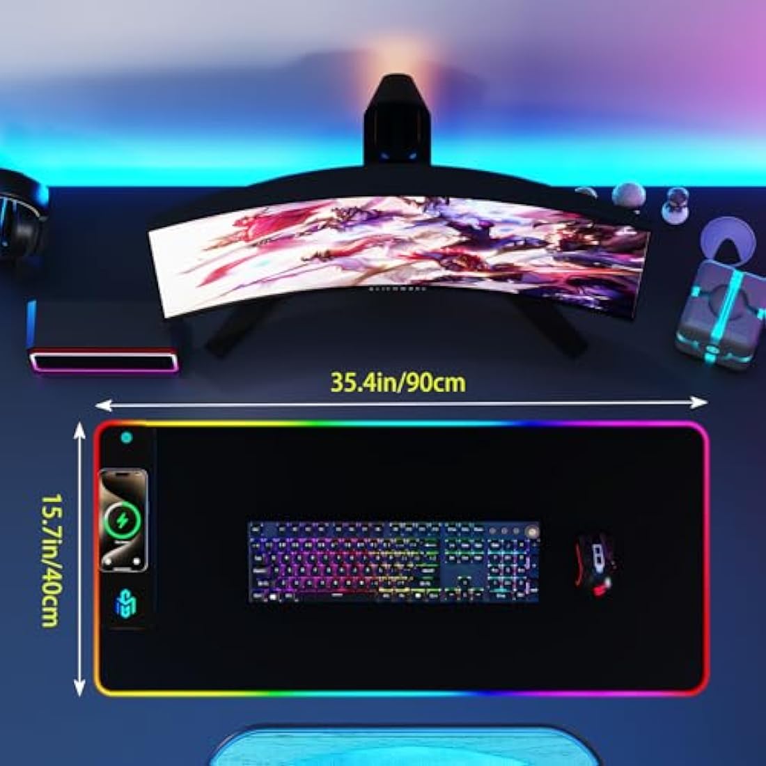 GIM Wireless Charging RGB Gaming Mouse Pad 15W, LED Mouse Mat 900x400x4MM, 10 Light Modes Extra Large Mousepad Non-Slip Rubber Base Computer Keyboard Mat for Gaming (Black-Max)