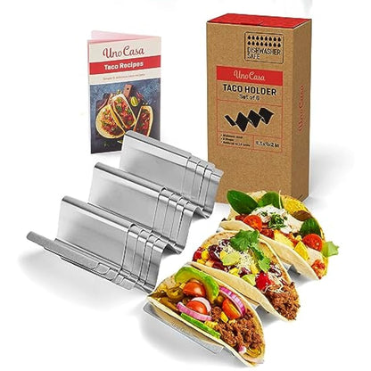 Uno Casa Taco Holders Set of 6 - Metal Holder for Taco Shells - Durable Stand for U-Shaped Rack - Perfect for Serving, Baking, and Grilling - Includes Recipe Book for Delicious Mexican Creations