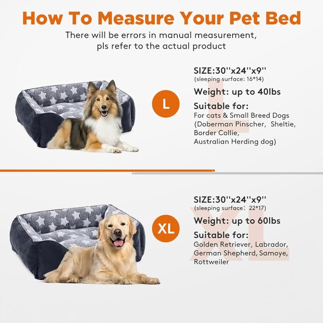 MIXJOY Large Dog Bed(76x61cm), Super Soft Cosy Rectangle Dog Beds, Grey Washable Pet Bed, Ideal for Doberman Pinscher, Sheltie, Border Collie, Australian Herding Dog