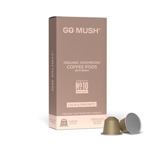 Go Mush Organic Reishi Mushroom Coffee Pods ? Dark Roast Arabica ? Nespresso Compatible Aluminium Capsules ? 10 Pods