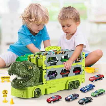VATOS Transport Truck Toys for Boys Ages 3-8, Portable Dinosaur Race Track With 6 Cars Carrier Vehicle Set for Kids