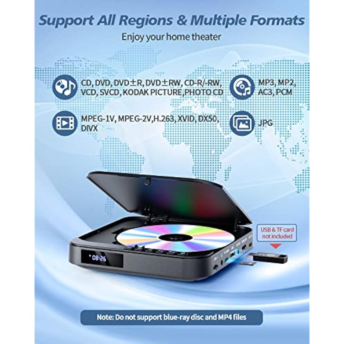 DESOBRY Mini DVD Player HDMI for TV 1080P Multi Region DVD Player with AV Output, USB/TF Card Input, Remote Control, Support PAL/NTSC