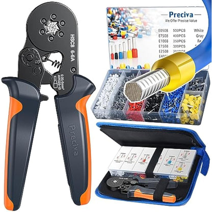 Preciva Ferrule Crimper Plier Set, 0.25-6mm²/AWG23-10 Self-Adjustable Ratchet Bootlace Terminal Crimping Tool, Electrical Ferrules Wire Crimp Toolkit with 1900 Cable End Sleeve Connectors