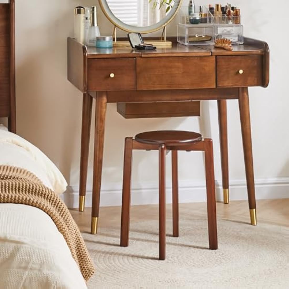 YMYNY Solid Wood Round Stools (Set of 4) | Stackable Vanity Stool