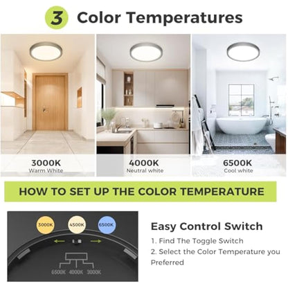 hepside LED Ceiling Light,3000K/4000K/6500K 3 Color Temperature, Waterproof IP54 LED Ceiling Lamp, Modern,Round Flush Ceiling Light for Bathroom, Living Room,Bedroom, Kitchen, Hallway, Office