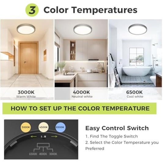 hepside LED Ceiling Light,3000K/4000K/6500K 3 Color Temperature, Waterproof IP54 LED Ceiling Lamp, Modern,Round Flush Ceiling Light for Bathroom, Living Room,Bedroom, Kitchen, Hallway, Office
