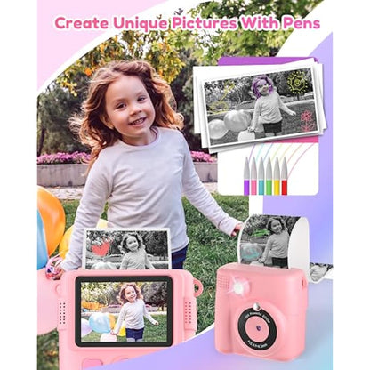 YORKOO Kids Instant Camera with Photo Paper, 1080P HD Digital Camera for Girls, Creative Gift for Children Age 4-10, Video Recorder, 32GB SD Card - Pink