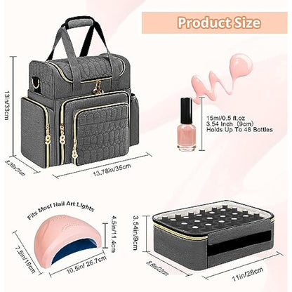 Betoores Nail Polish Organiser, Double Layer Nail Polish Case with 2 Removable Bags Hold 70 Bottles (15ml - 0.5 fl.oz) Nail Varnish Storage Bag for Nail Dryer Manicure Tool, Nail Supplies - Grey