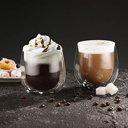 glastal 6x250ml Double Walled Coffee Glasses Mugs Cappuccino Latte Macchiato Glasses Cups for Coffee Tea Milk Juice Ice Cream Borosilicate Heat Resistant Glass Cups