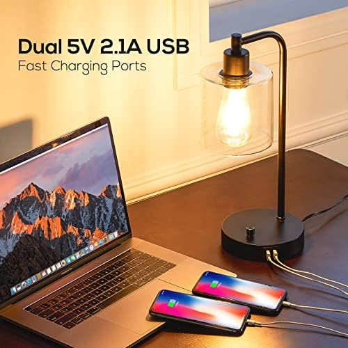 Homelist Dimmable Bedside Lamps Set of 2, Industrial Retro with USB Charging Ports, Black Modern LED Nightstand Desk Beside Table Lamp, Glass Shade for Bedroom Living Room Home Office, Bulb Included