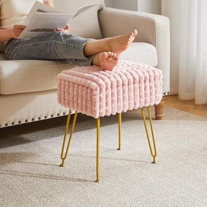 IBUYKE Rectangle Vanity Chair with Storage Space, Footrest Footstool Ottoman, Vanity Stool, Dressing Table Chair, with Anti-Slip Feet, for Makeup Room, Bedroom, Square grid pattern, Pink WBD004P