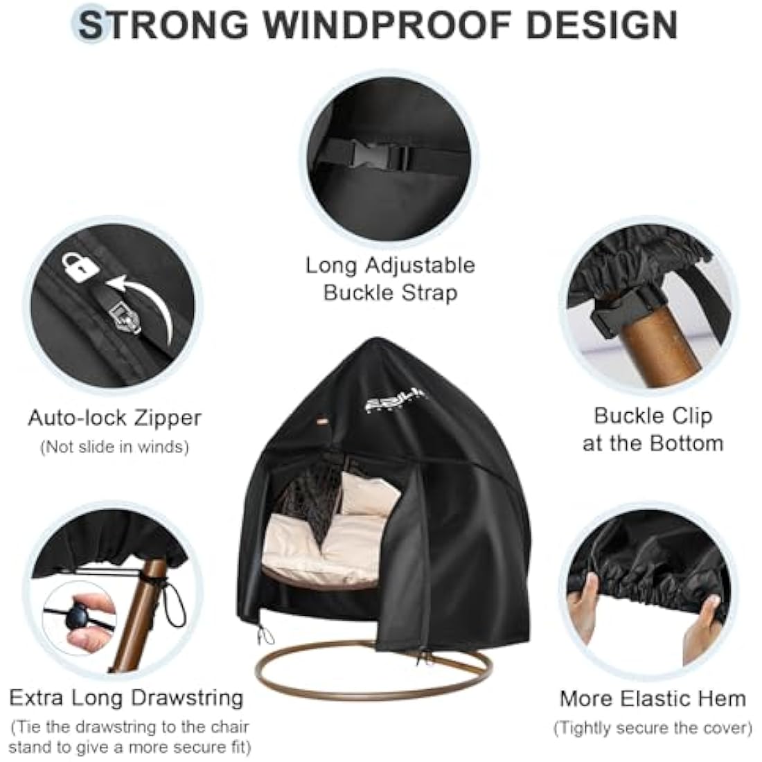 Ezilif Double Egg Chair Cover, 420D Oxford Egg Chair Covers Waterproof Heavy Duty, Garden Hanging Egg Chair Cover with Zipper & Drawstring, UV-Anti & Windproof Cover for Swing Chair, 230x200cm